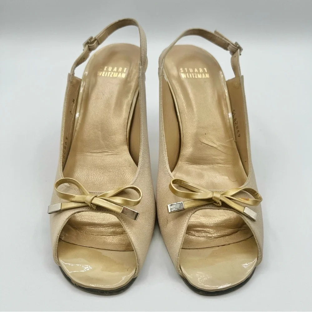 STUART WEITZMAN GOLD PUMP HEELS OPEN TOE SANDALS SLING BACK ADJUSTABLE STRAP 7M - Picture 11 of 14